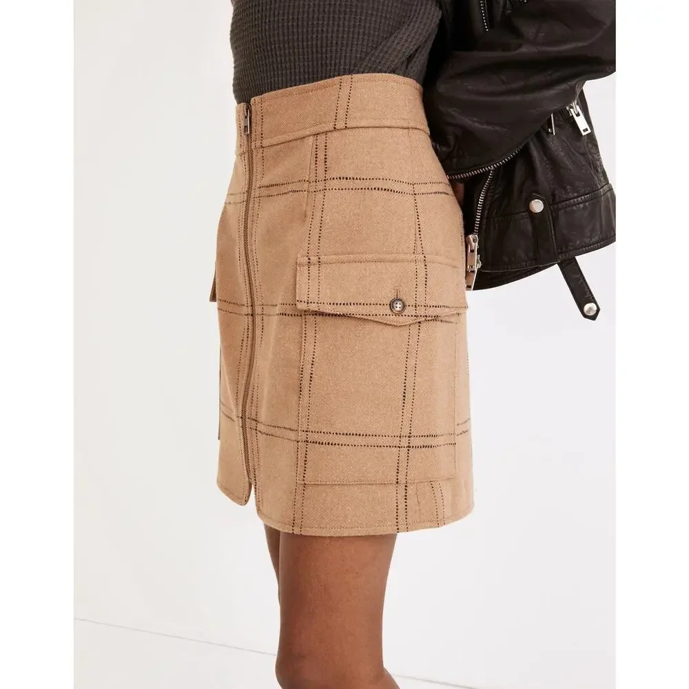 Madewell Zip-Front Mini Skirt in Windowpane Camel Wool Blend Women’s - Size 00